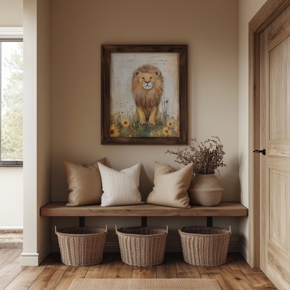 Wildflower Lion animal art print shown in a room setting