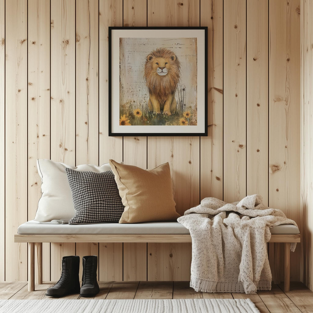 Wildflower Lion animal art print shown in a room setting