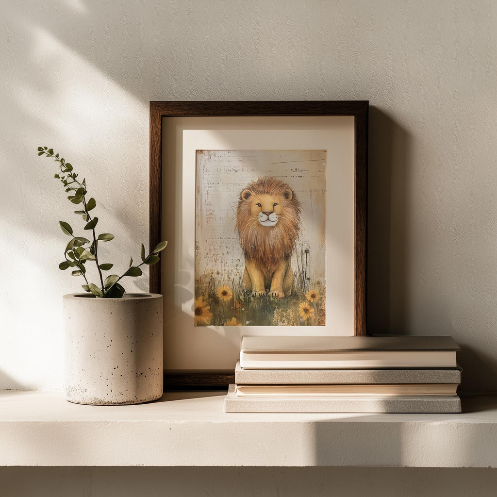 Wildflower Lion animal art print shown in a room setting