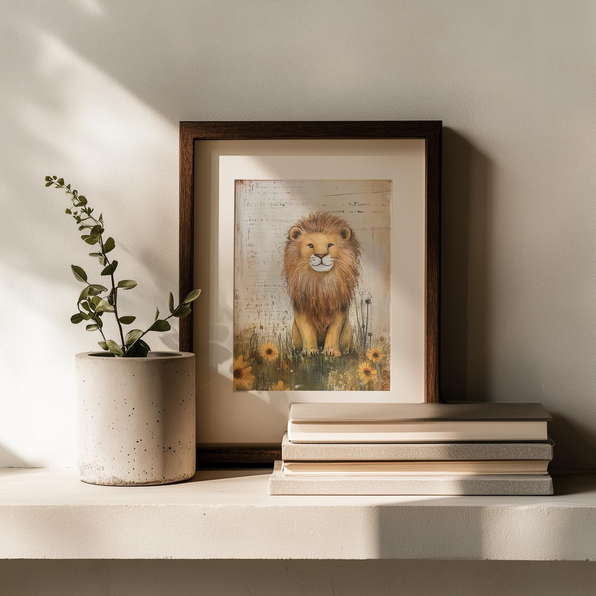 Wildflower Lion animal art print shown in a room setting