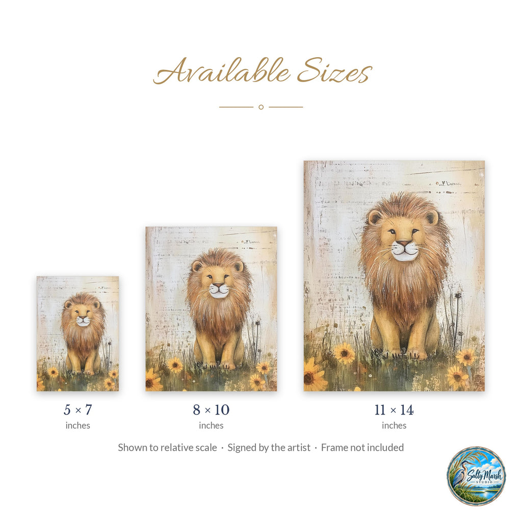 Wildflower Lion art print size guide: 5x7, 8x10 and 11x14
