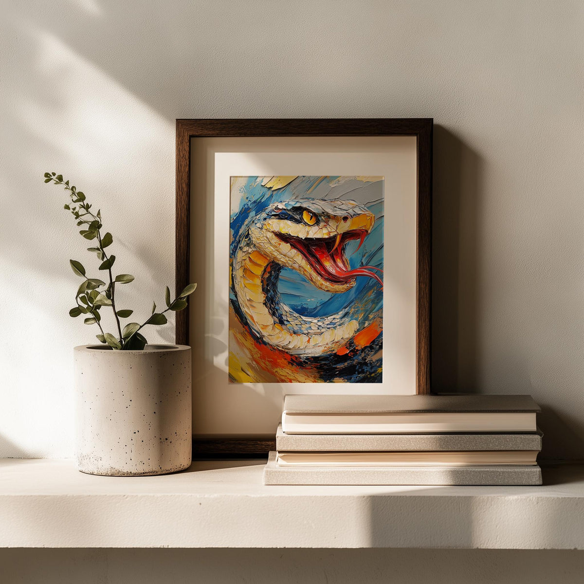 Bold Snake animal art print shown in a room setting