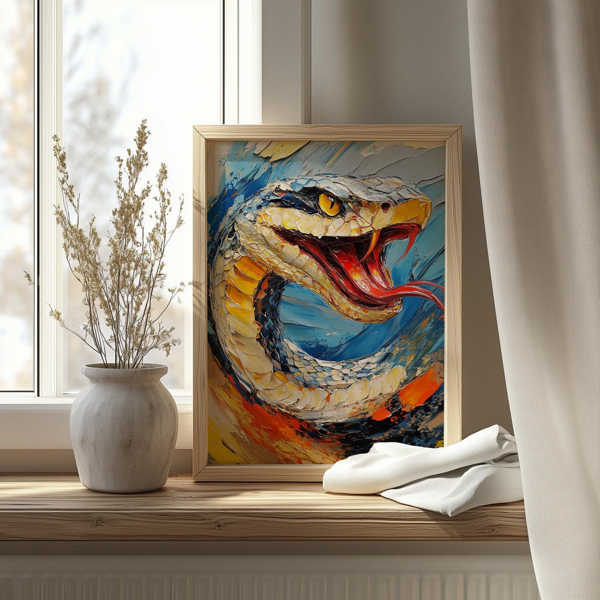 Bold Snake animal art print shown in a room setting