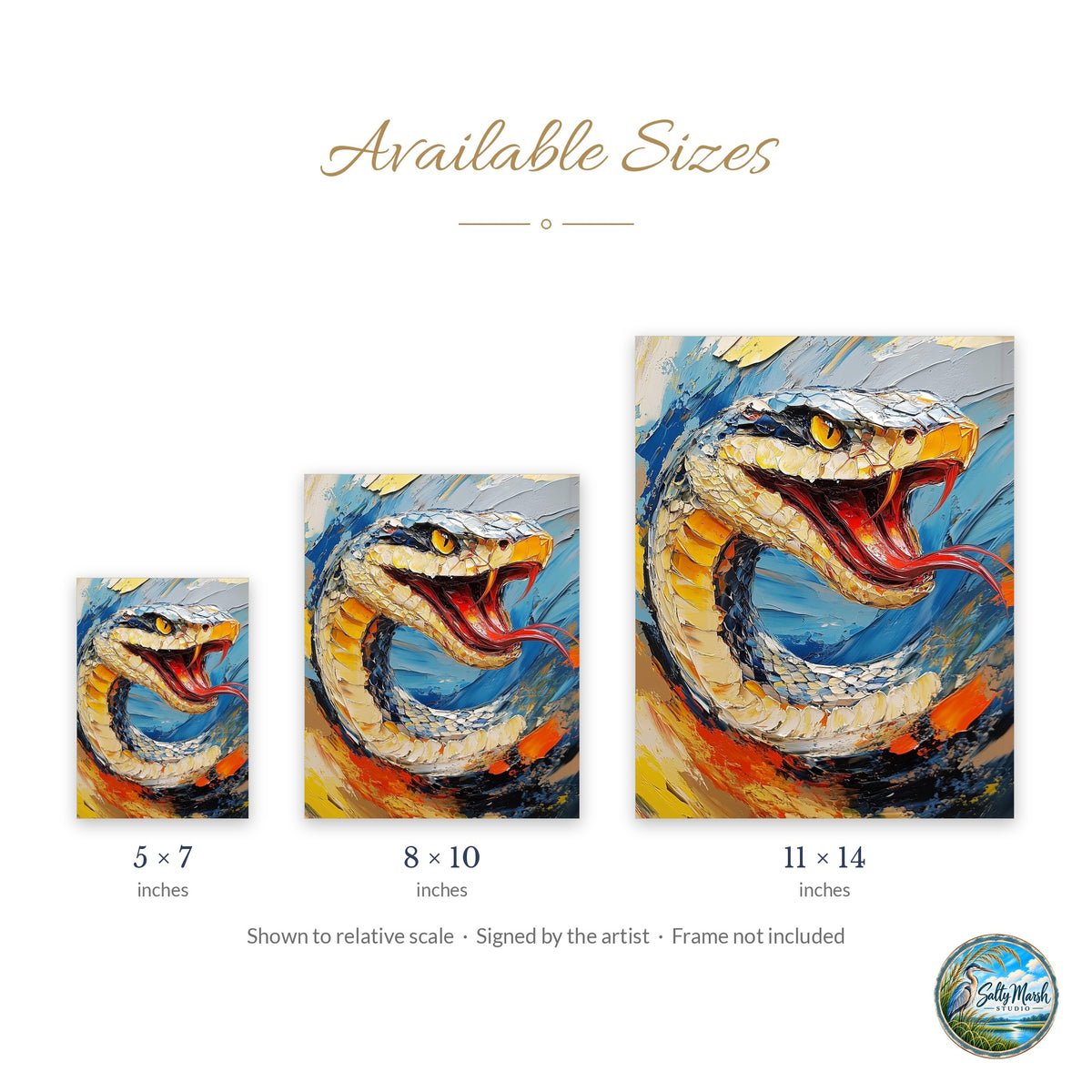 Bold Snake art print size guide: 5x7, 8x10 and 11x14