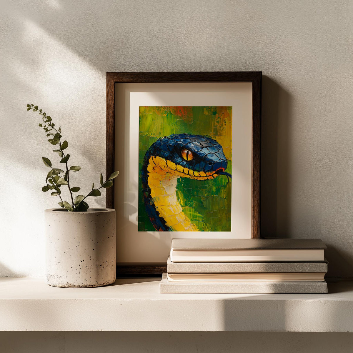 Snake Head animal art print shown in a room setting