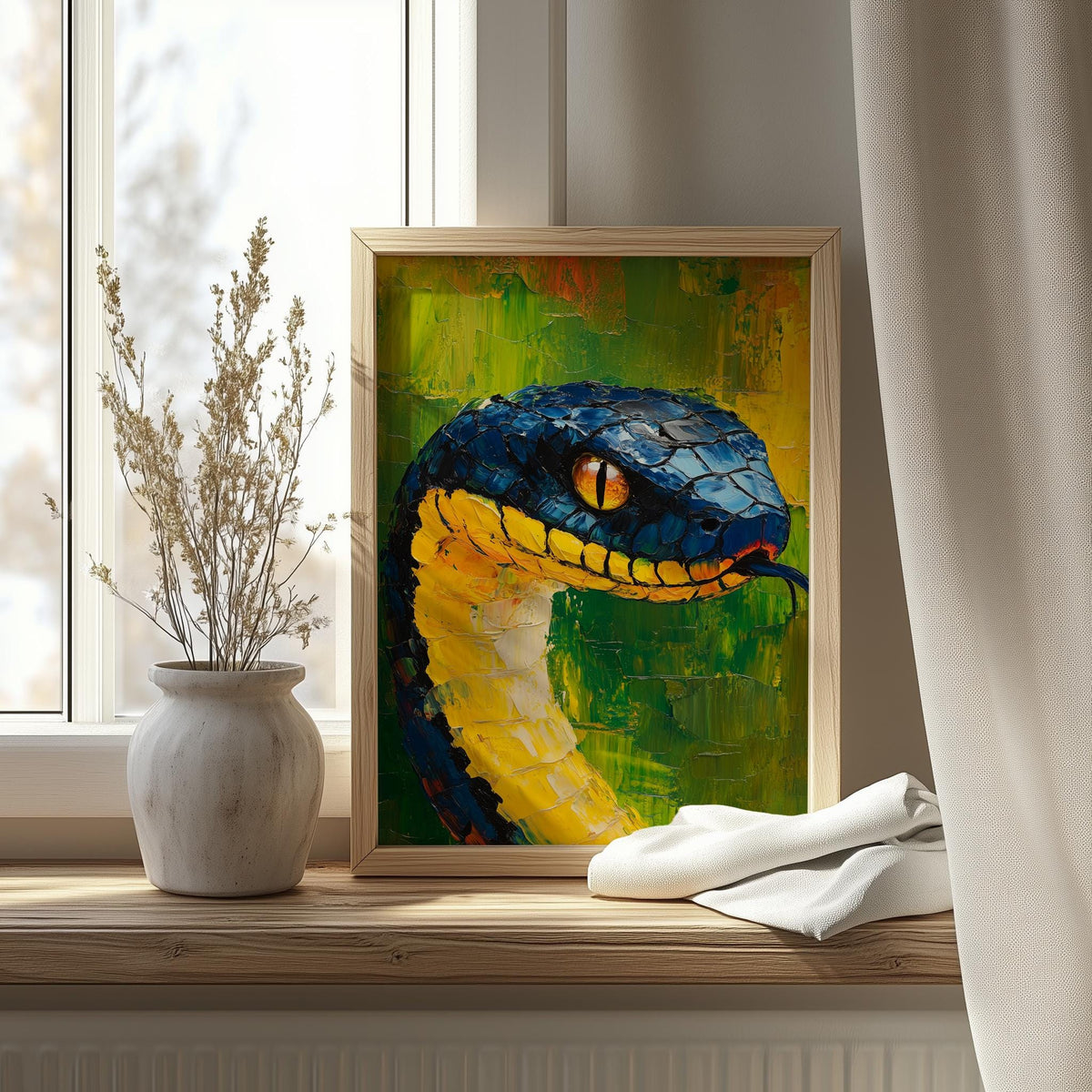 Snake Head animal art print shown in a room setting