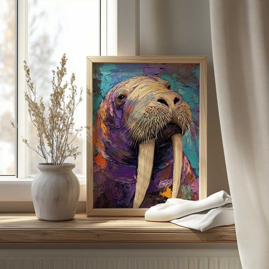 Colorful Walrus animal art print shown in a room setting