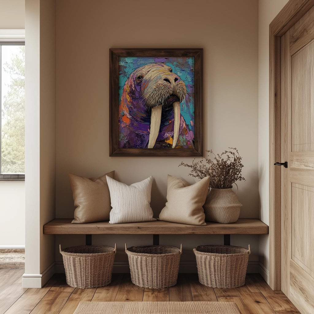Colorful Walrus animal art print shown in a room setting
