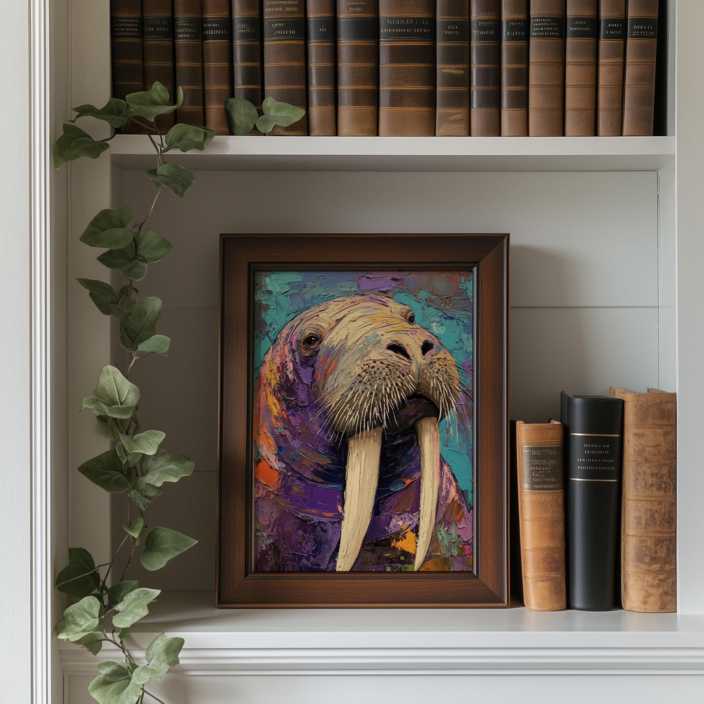 Colorful Walrus animal art print shown in a room setting