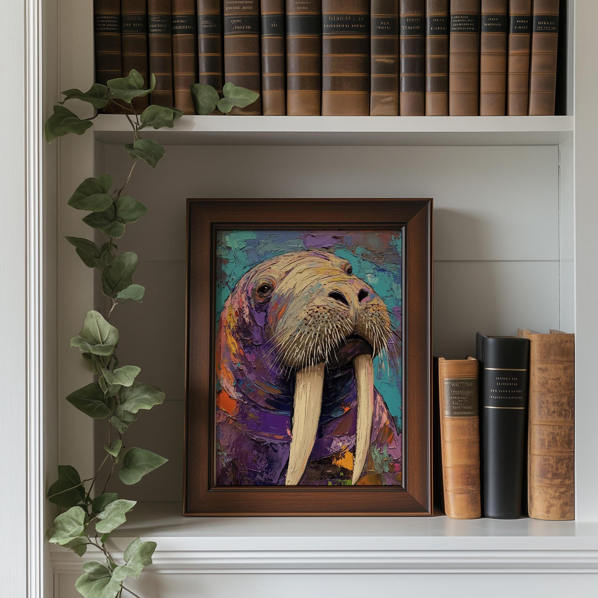 Colorful Walrus animal art print shown in a room setting