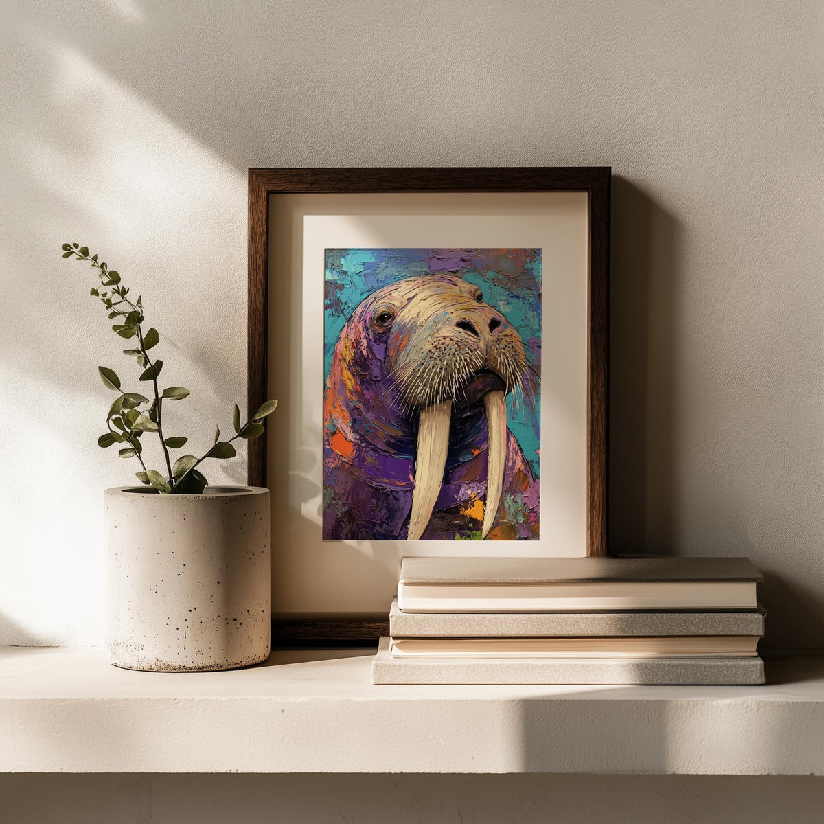Colorful Walrus animal art print shown in a room setting