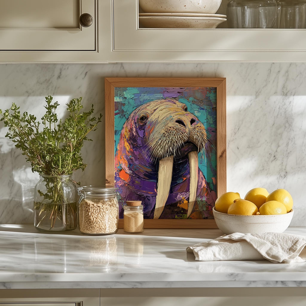 Colorful Walrus animal art print shown in a room setting