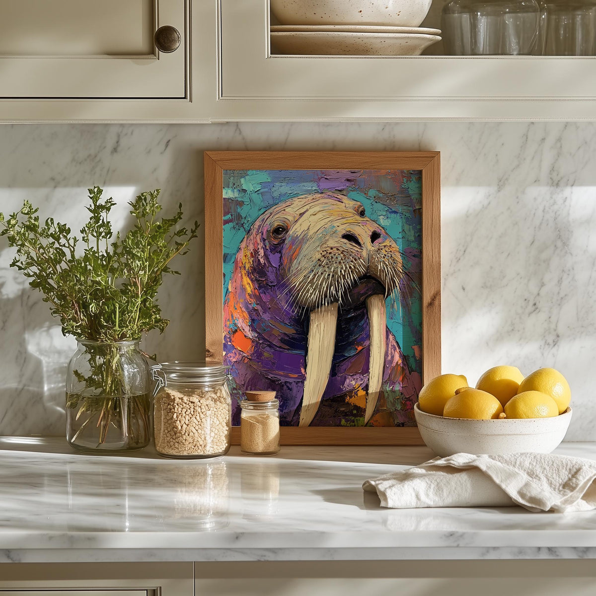 Colorful Walrus animal art print shown in a room setting