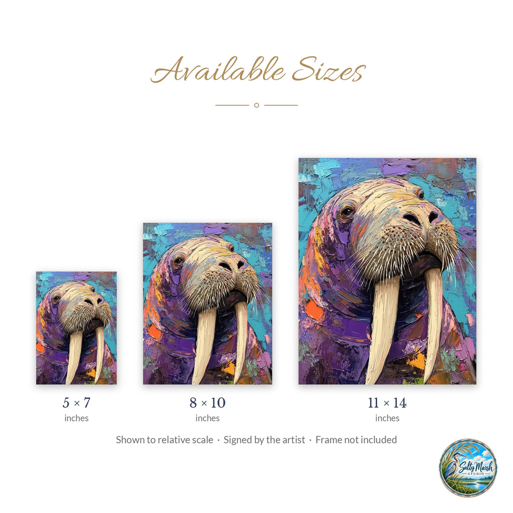 Colorful Walrus art print size guide: 5x7, 8x10 and 11x14