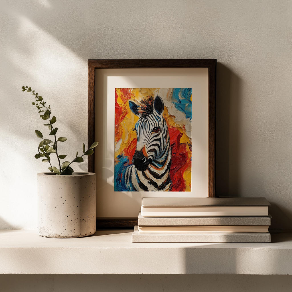 Zebra Abstract animal art print shown in a room setting