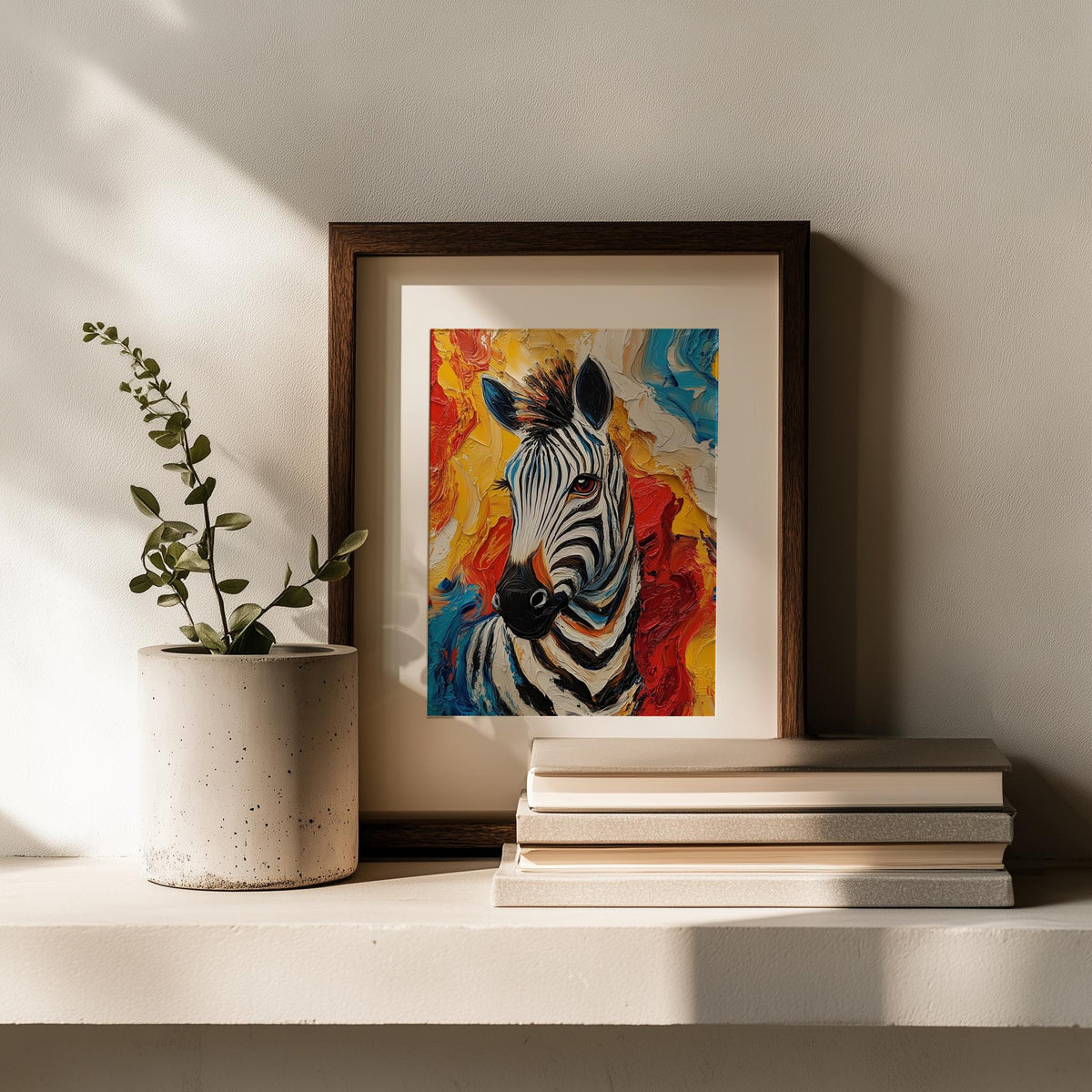 Zebra Abstract animal art print shown in a room setting