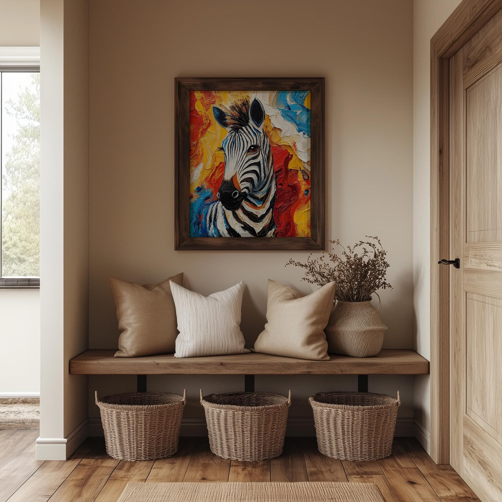 Zebra Abstract animal art print shown in a room setting