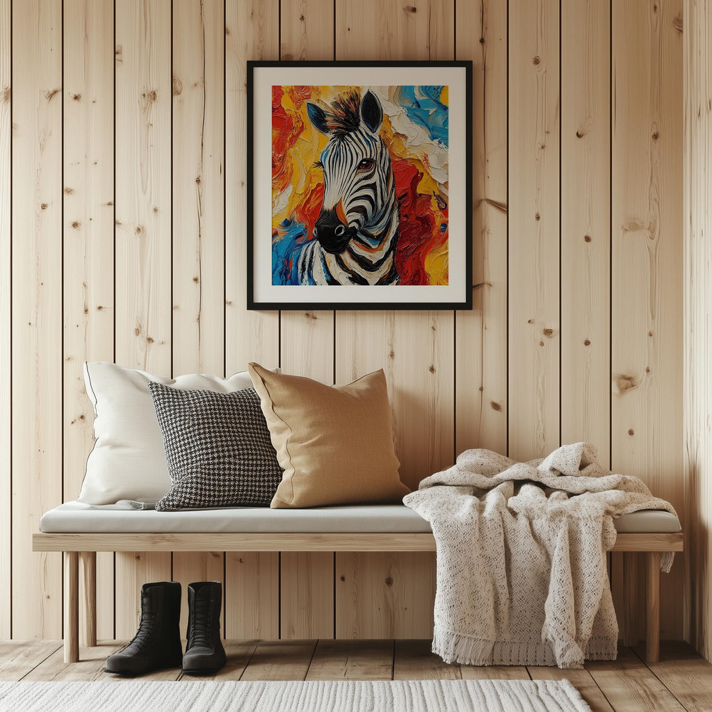 Zebra Abstract animal art print shown in a room setting