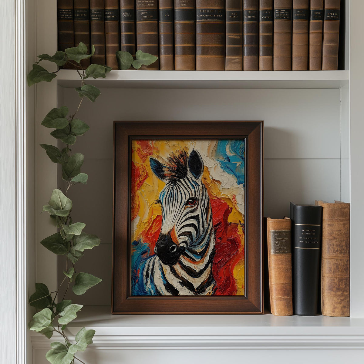 Zebra Abstract animal art print shown in a room setting