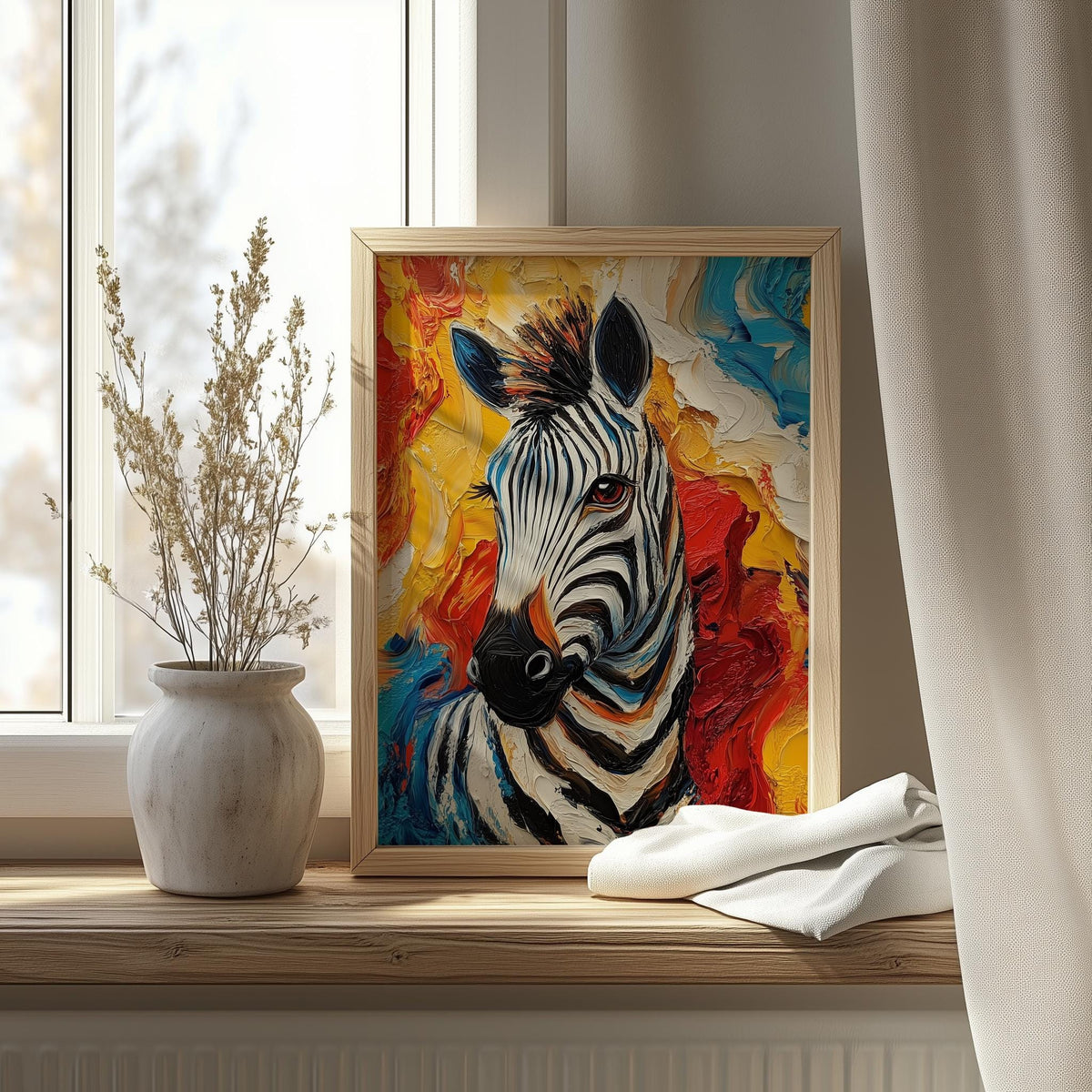 Zebra Abstract animal art print shown in a room setting