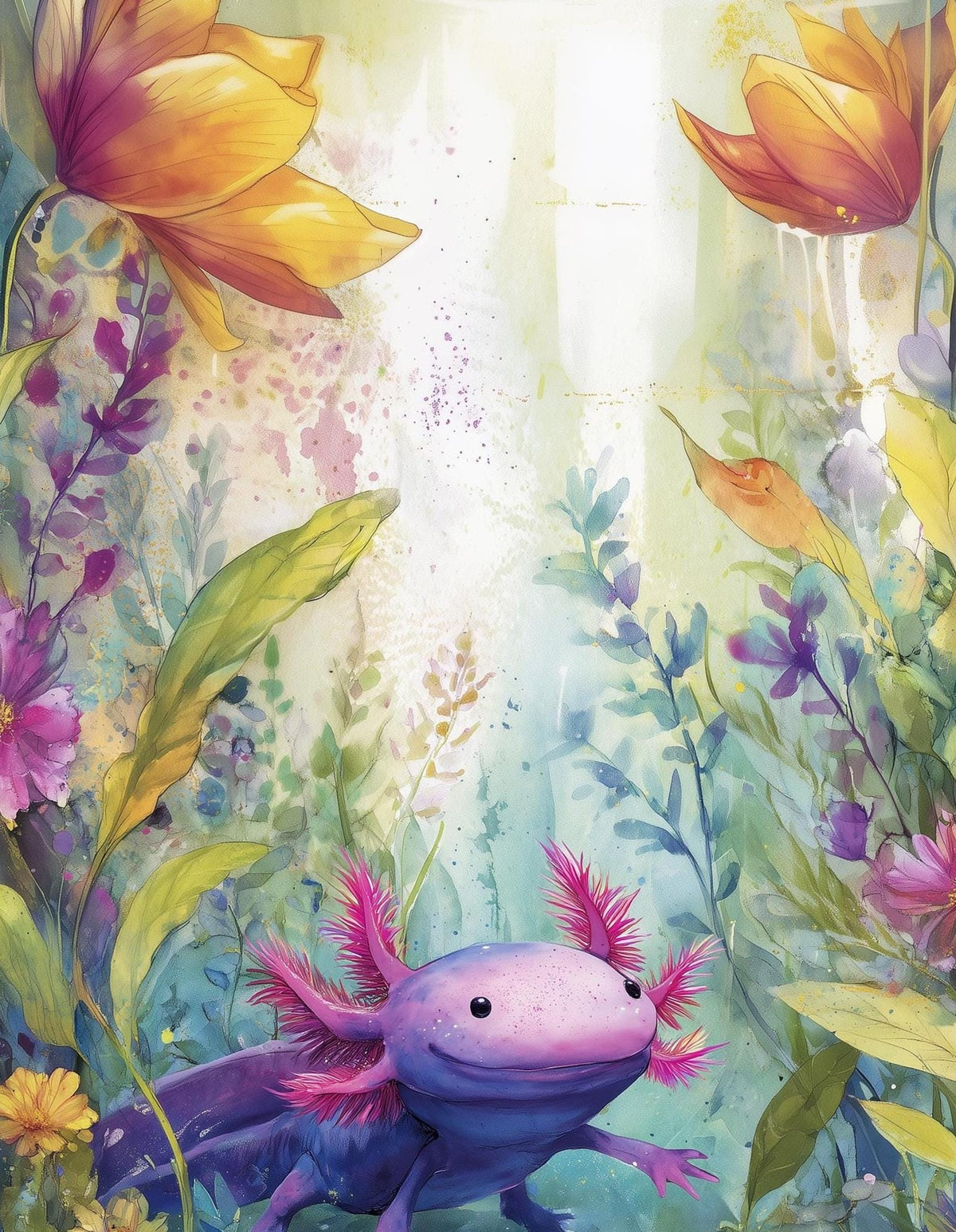 Axolotl Garden animal art print unframed, signed by Pattie Overcash