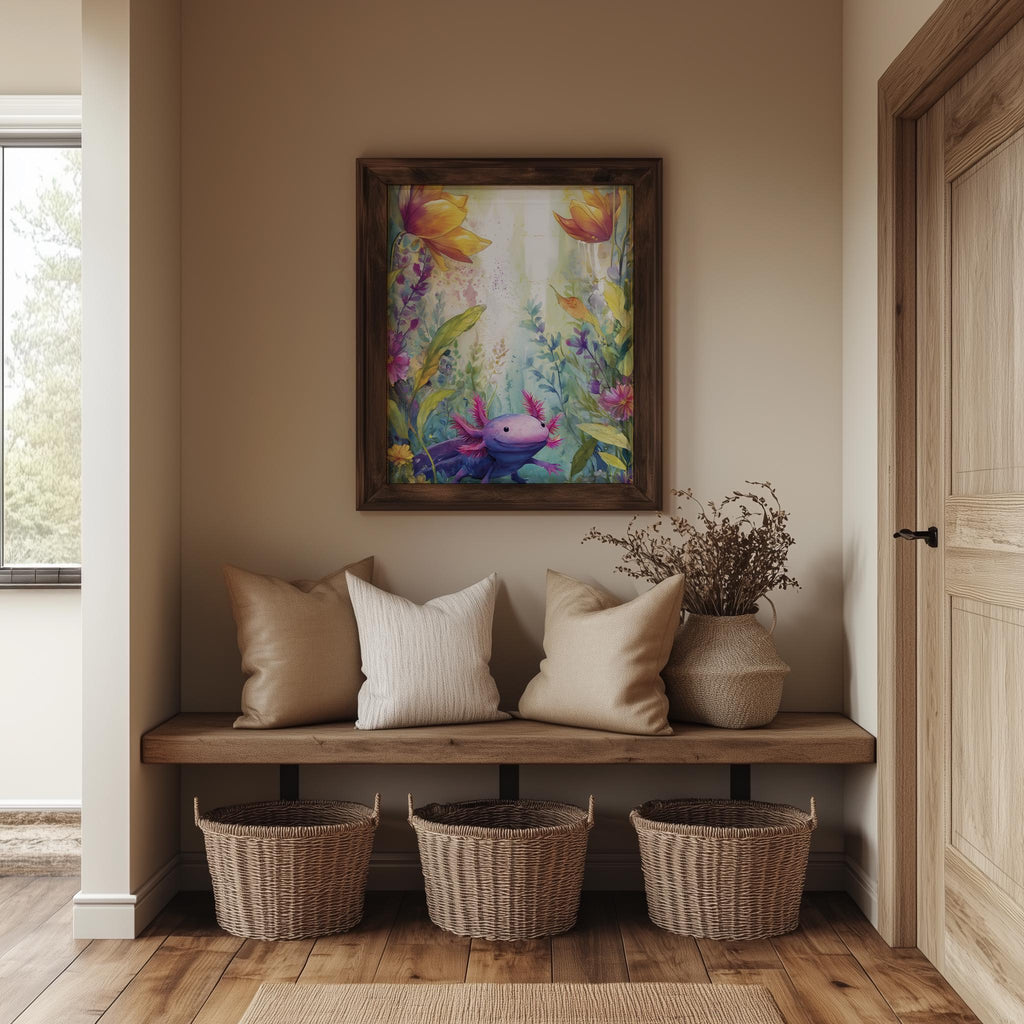 Axolotl Garden animal art print shown in a room setting