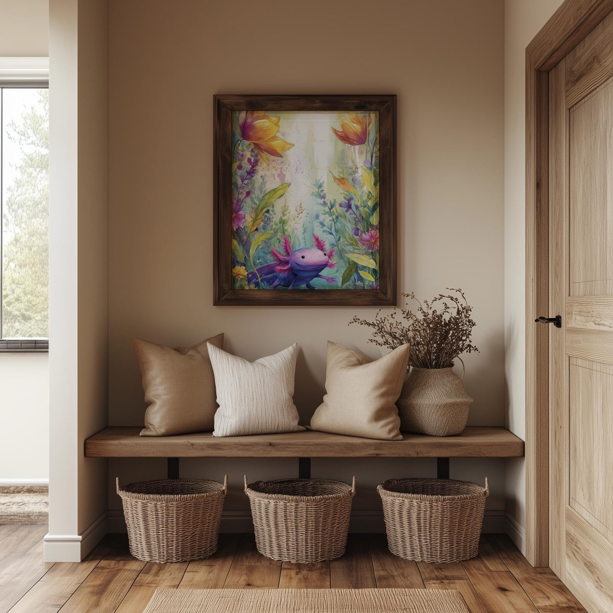 Axolotl Garden animal art print shown in a room setting