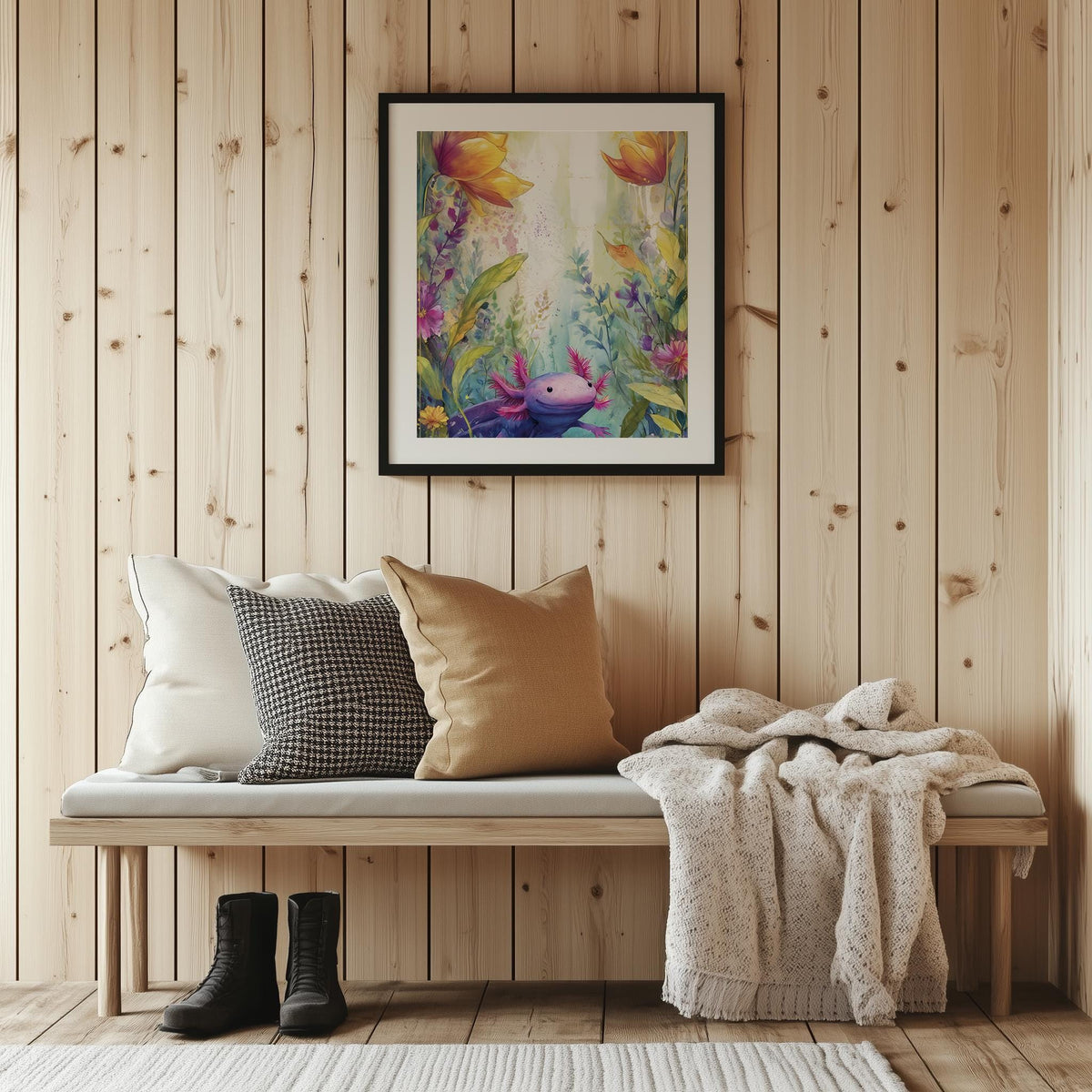 Axolotl Garden animal art print shown in a room setting