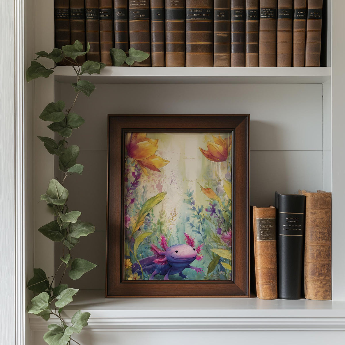 Axolotl Garden animal art print shown in a room setting