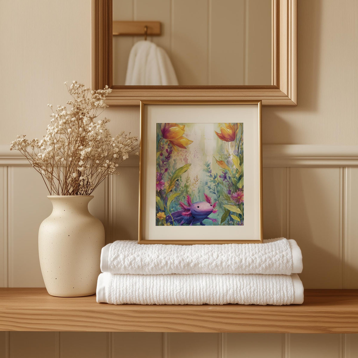 Axolotl Garden animal art print shown in a room setting