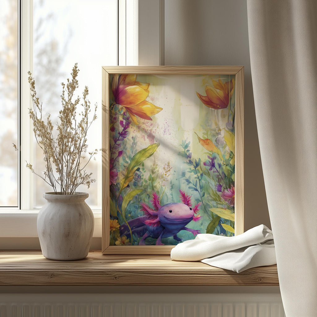 Axolotl Garden animal art print shown in a room setting