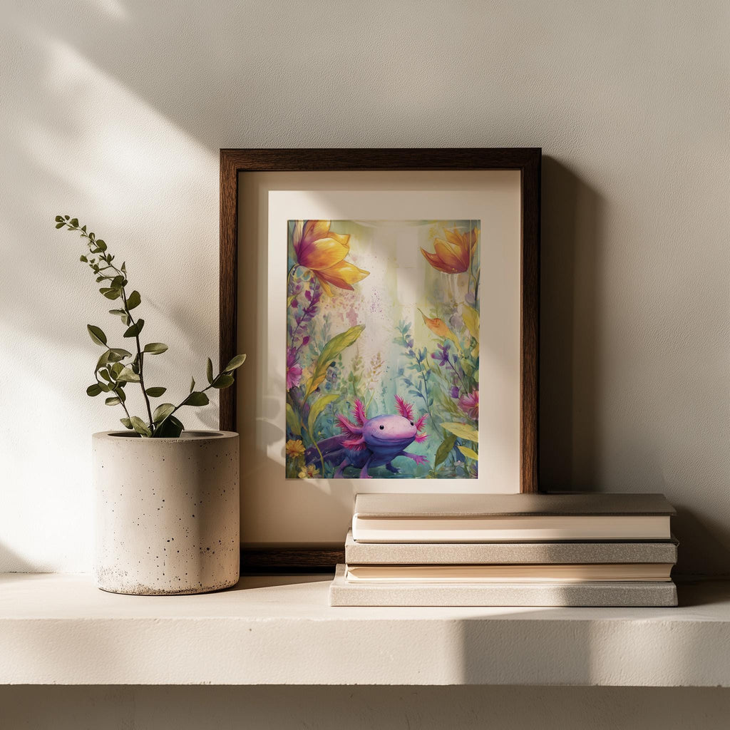 Axolotl Garden animal art print shown in a room setting