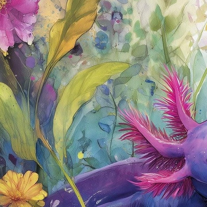 Axolotl Garden animal art print close-up detail