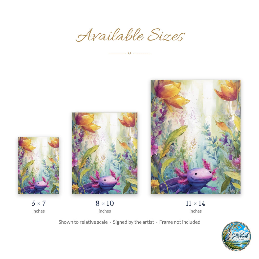 Axolotl Garden art print size guide: 5x7, 8x10 and 11x14