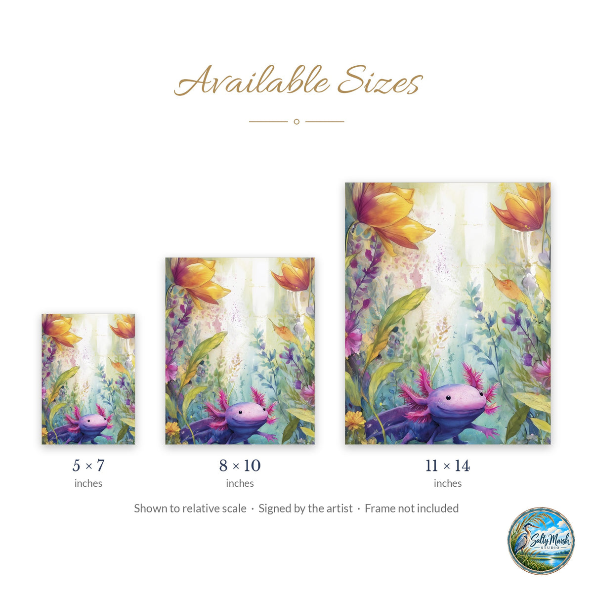 Axolotl Garden art print size guide: 5x7, 8x10 and 11x14