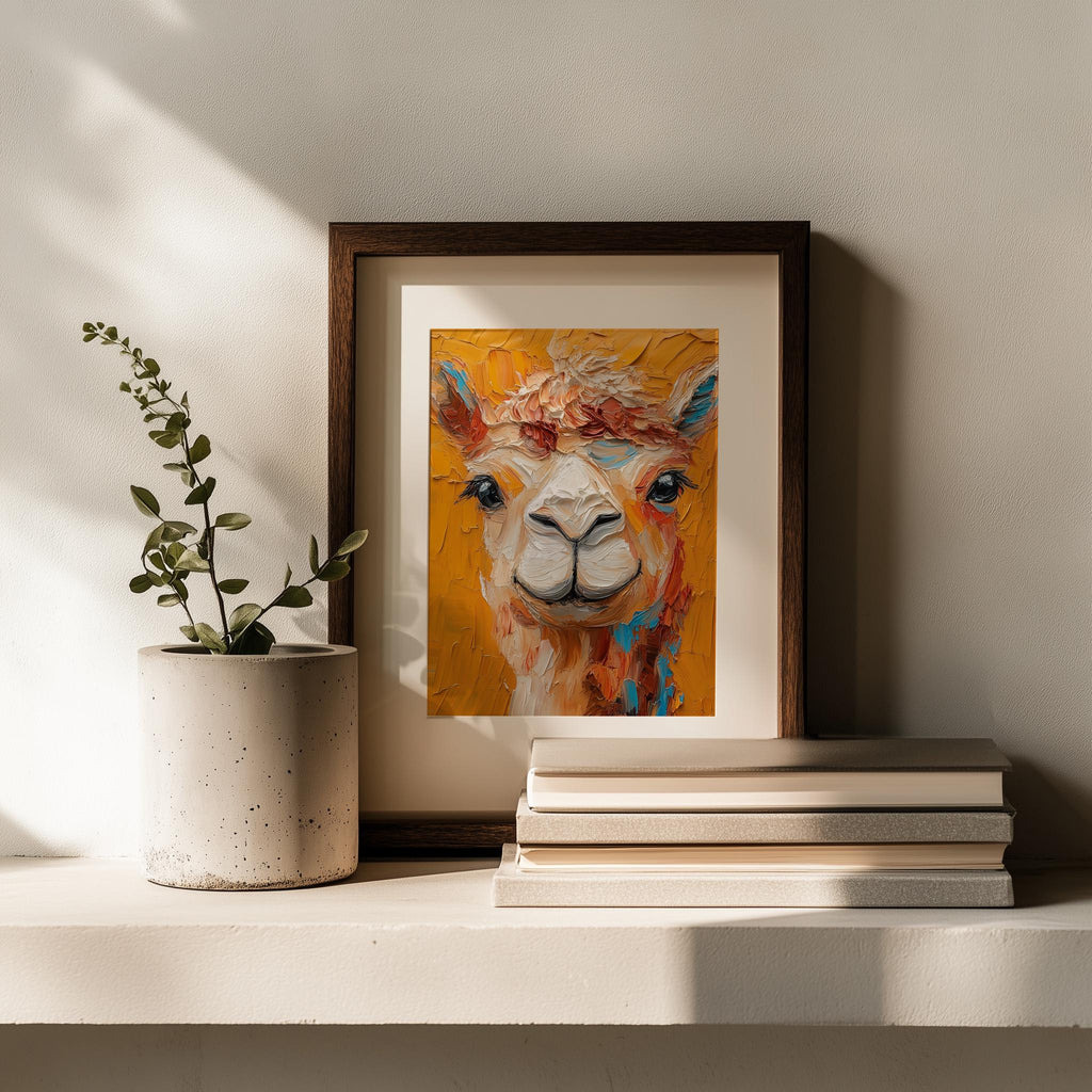 Colorful Llama animal art print shown in a room setting