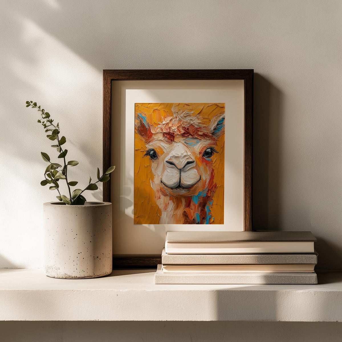 Colorful Llama animal art print shown in a room setting