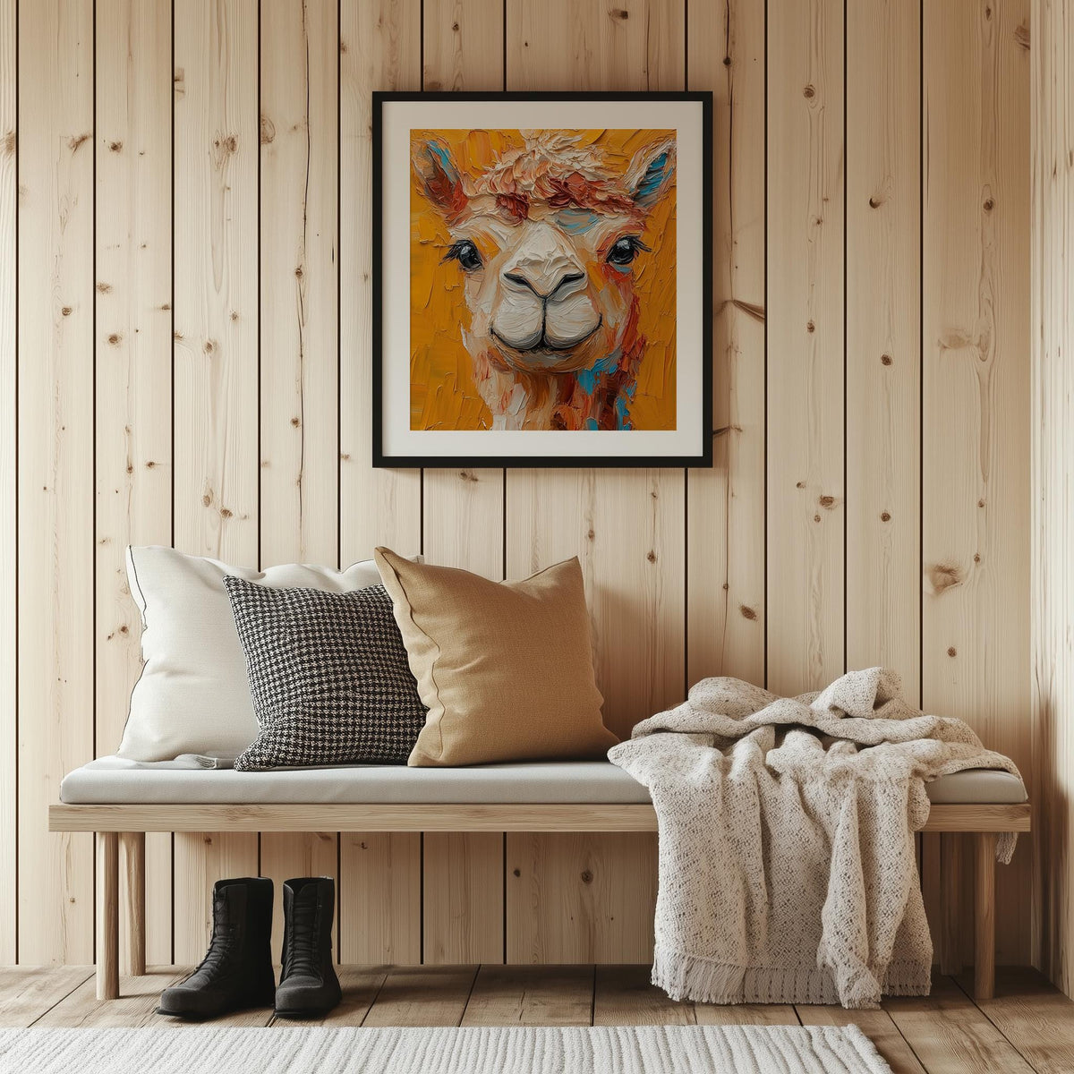 Colorful Llama animal art print shown in a room setting