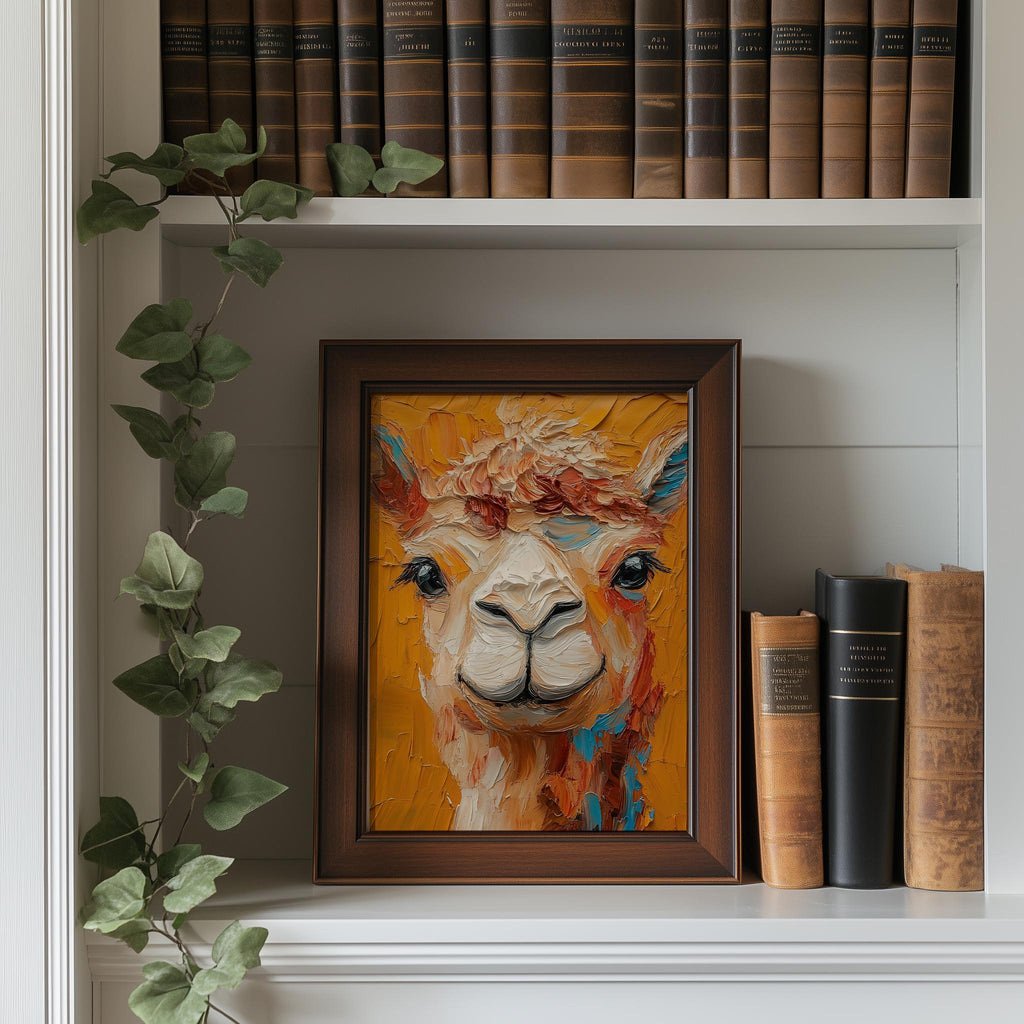 Colorful Llama animal art print shown in a room setting