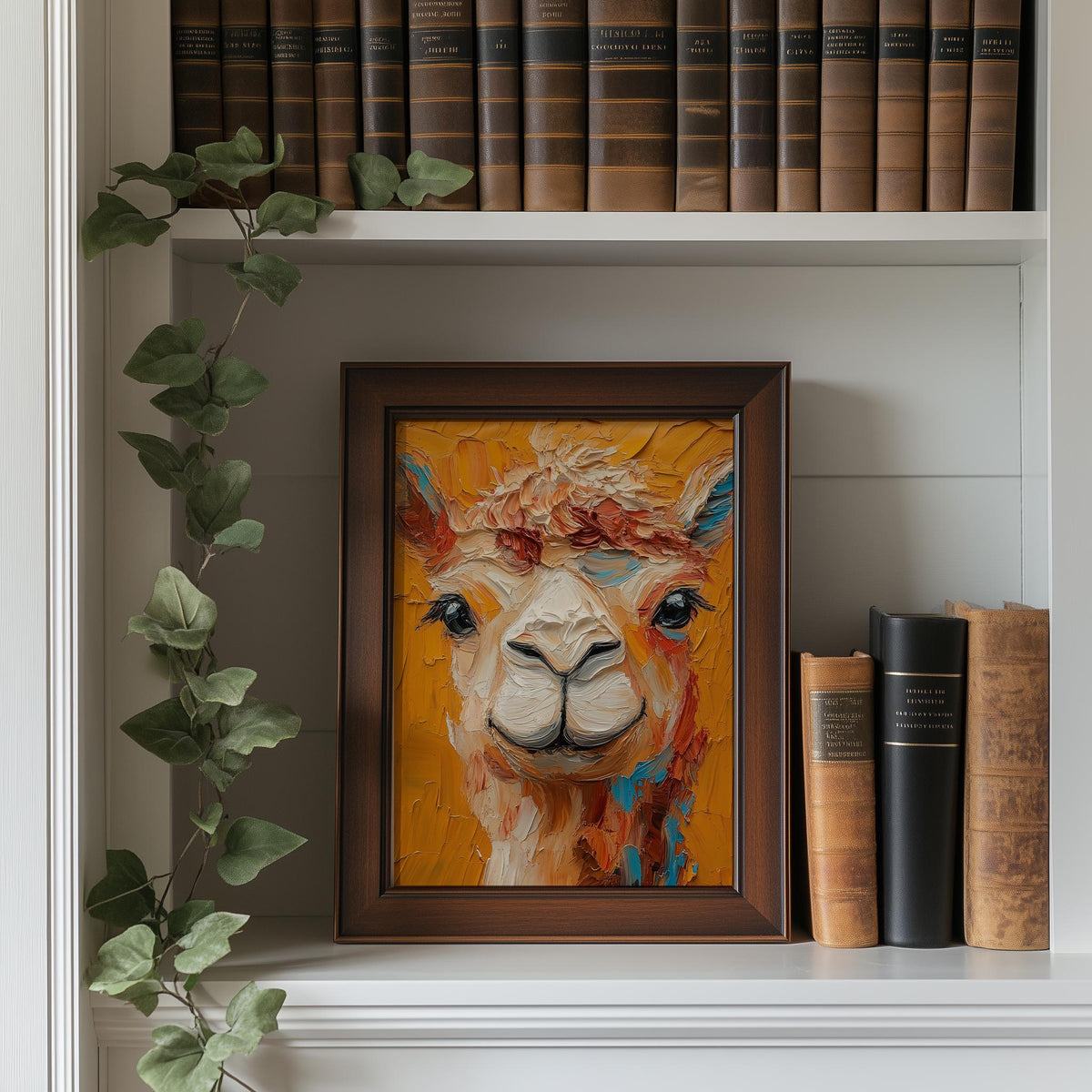 Colorful Llama animal art print shown in a room setting