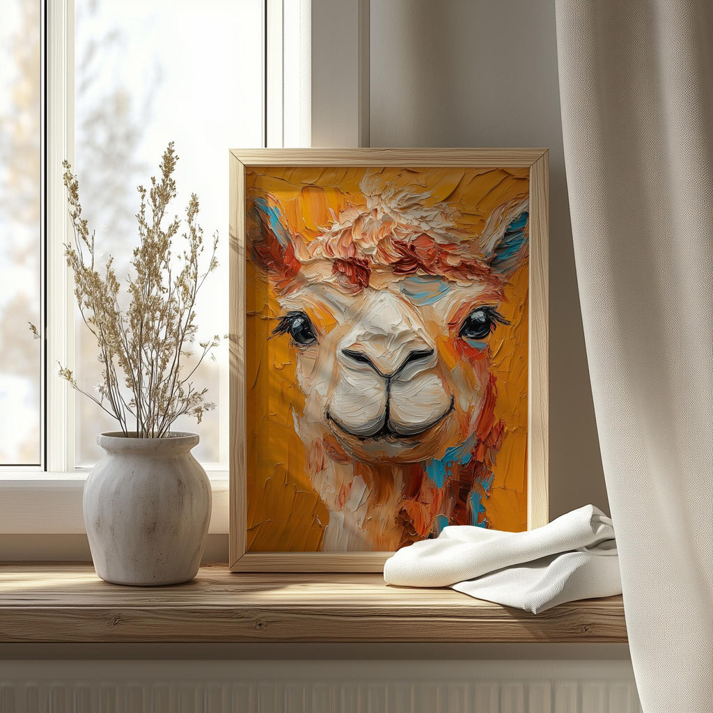 Colorful Llama animal art print shown in a room setting