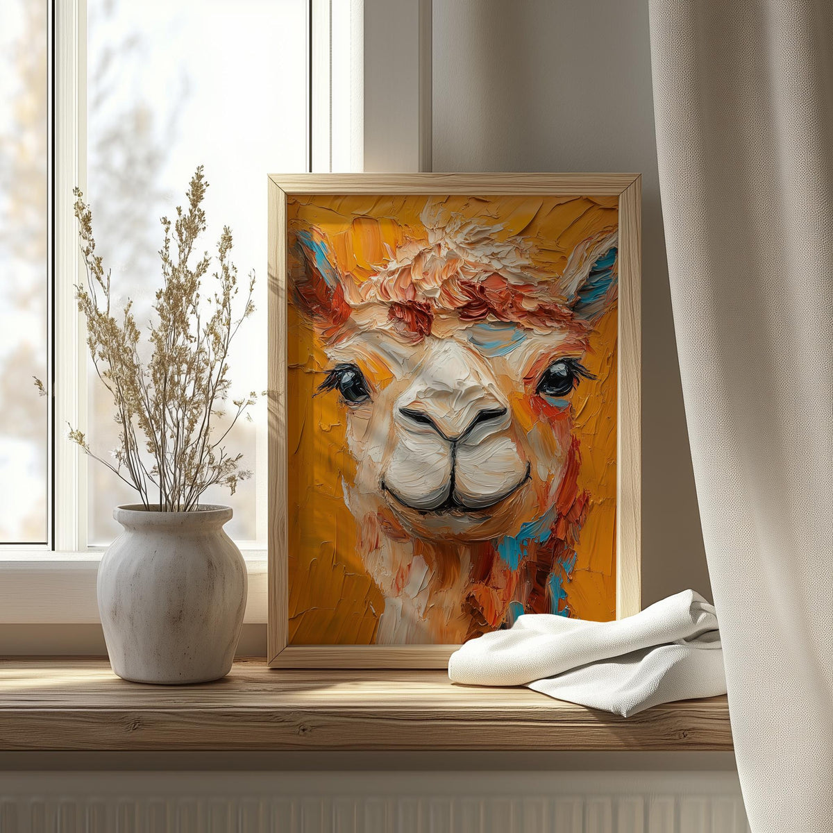 Colorful Llama animal art print shown in a room setting