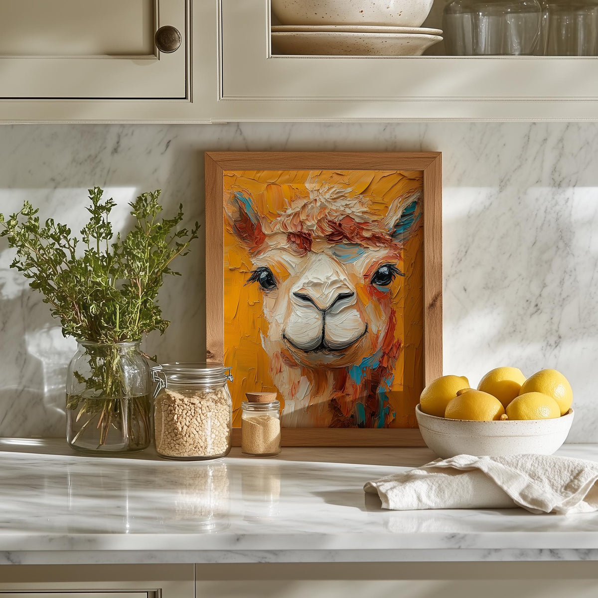 Colorful Llama animal art print shown in a room setting