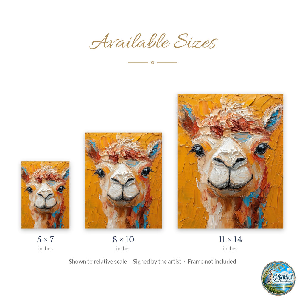 Colorful Llama art print size guide: 5x7, 8x10 and 11x14