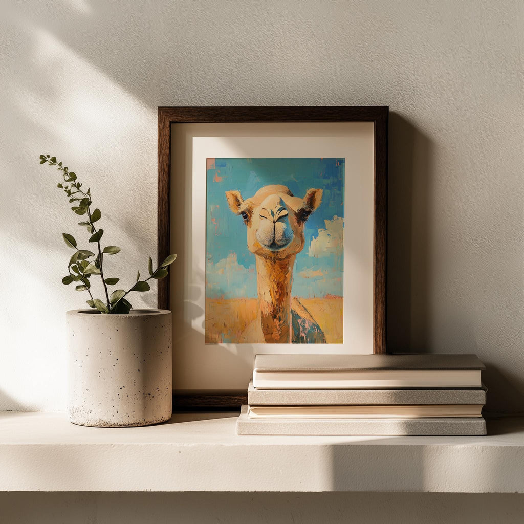 Cute Camel animal art print shown in a room setting