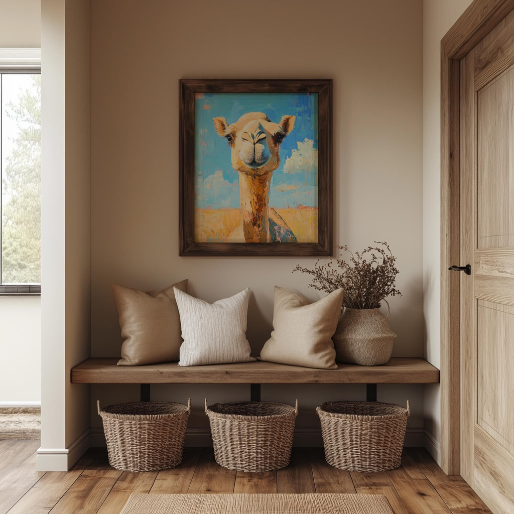 Cute Camel animal art print shown in a room setting