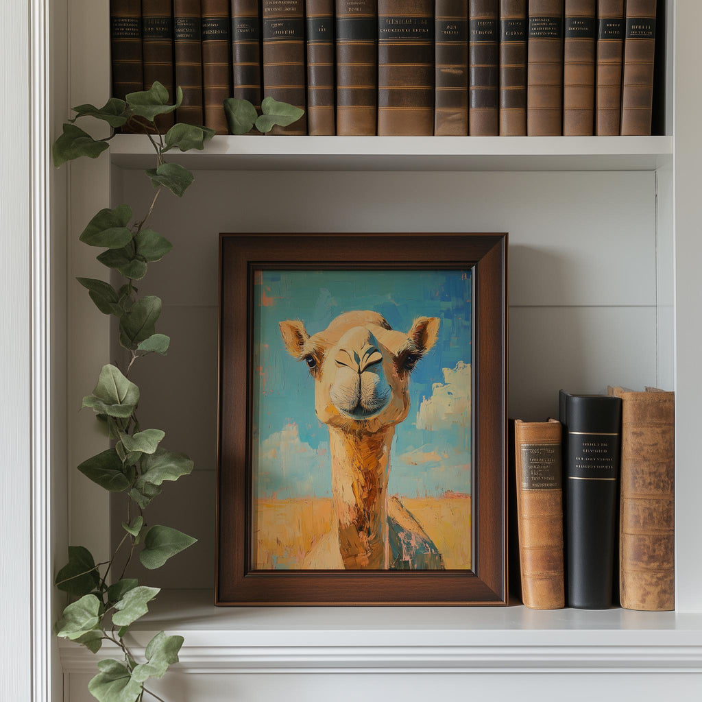 Cute Camel animal art print shown in a room setting