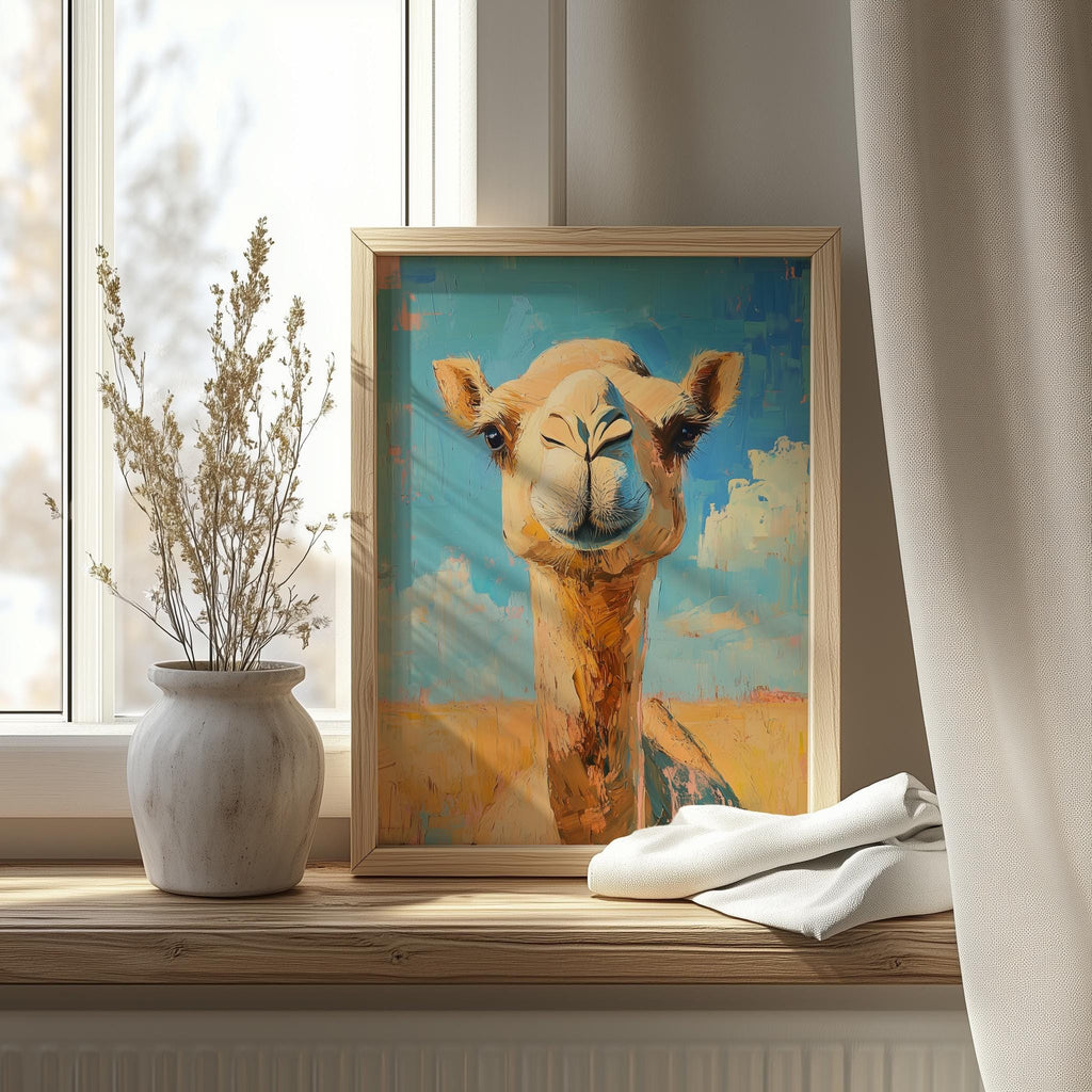 Cute Camel animal art print shown in a room setting