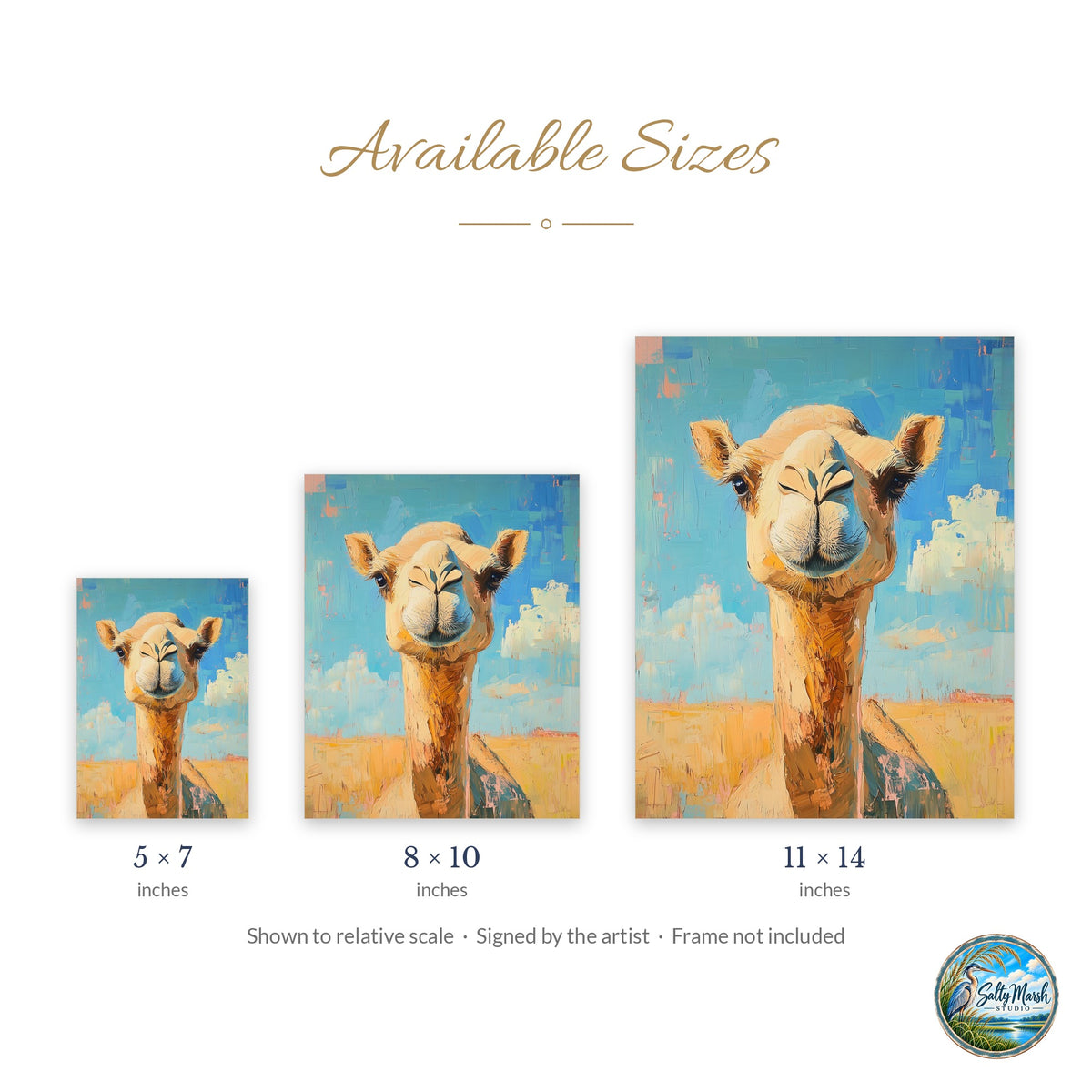 Cute Camel art print size guide: 5x7, 8x10 and 11x14