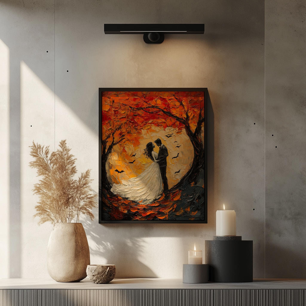 Autumn Moon Couple Halloween art print shown in a room setting